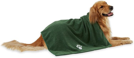 Bone Dry Pet Grooming Towel Collection Absorbent Microfiber X-Large, 41x23.5", Embroidered Hunter Green