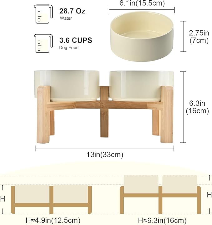 SPUNKYJUNKY Elevated Dog Bowls Ceramic, 6.1'' Dogs and Cat Food Water Bowls Raised with Non-Slip Bamboo Stand for Medium Sized Breed Microwave Dishwasher Safe - 28.7 OZ,Beige