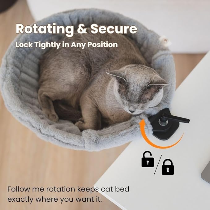 Cat Desk Bed - Stable and Sturdy, Rotating Cat Hammock, Desk Perch with 2 Washable Covers, Non-Slip Clamp - Safe, Space-Saving Cat's Furniture for Remote Workers, Gamers, Holds Up to 40lbs