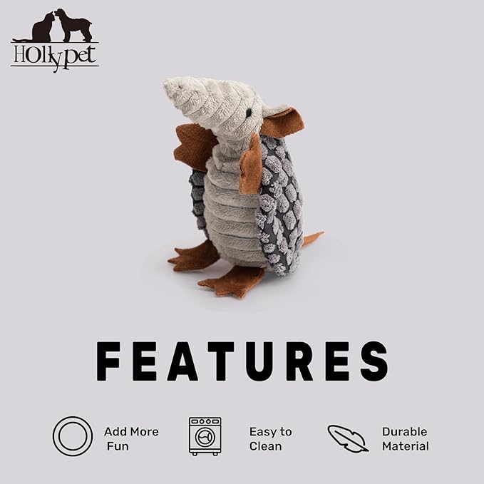Hollypet Plush Dog Squeaky Toy Stuffed Armadillo Animal Pet Puppy Chew Toys with Clean Teeth for Small Medium Large All Breed Sizes Dogs, Dark Gray, 6 in