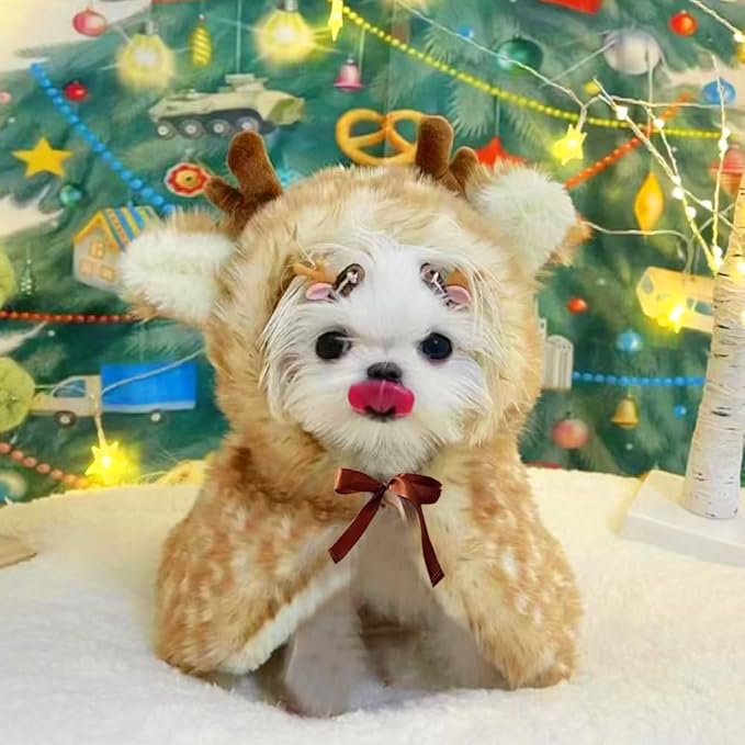 ANIAC Christmas Puppy Reindeer Costume Xmas Dog Elk Cloak with Antlers Cat Santa Cape Christmas Dog Outfit for Small Medium Dog (Small, Brown)