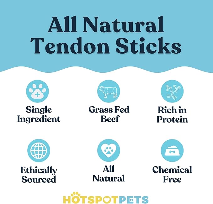 hotspot pets Beef Tendon Chews for Dogs (10 Pack) - Made in USA - 8 Inch All Natural, Free-Range, Grass-Fed Premium USDA Gambrol Beef Tendon Stick Treats, Great for Joint Health