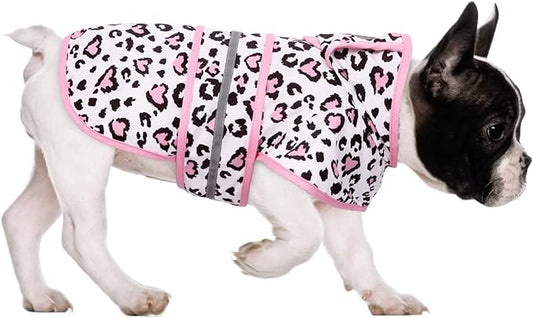 HDE Dog Raincoat Jacket Reflective Adjustable Hooded Pet Poncho Rain Coat with Leash Hole for Small to X-Large Dogs Leopard Hearts - S