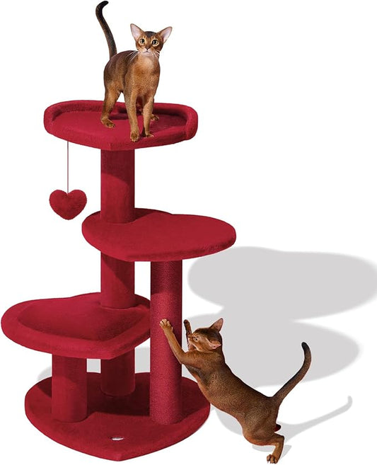 VETRESKA Cat Tree for Indoor Cats, Multi Level Cat Tower with Cat Scratching Post, Cute Cat Climbing Tree with Dangling Toy for Cats（Red）