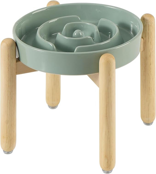 Ceramic 3.2 Cup Raised Slow Feeder Dog Bowl Set, Elevated Bowl with Wooden Stand for Large Dog, 9.5inch Puzzle Slow Pet Food Dish, Anti-Gulping(Light Green, Single Bowl+ Stand)