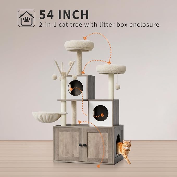 Litter Box Enclosure with Cat Tree Tower and Condo, Hidden Cat Washroom Furniture with Sisal Scratching Post & Soft Plush Perch, Wooden Cat Furniture with Multiple Platforms,Griege