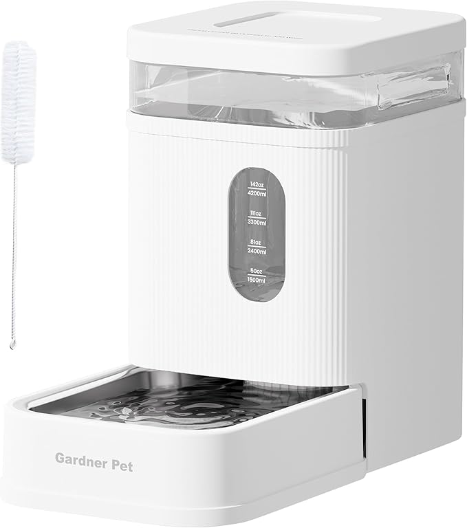 Gardner Pet Automatic Dog Water Dispenser Gravity Waterer with Stainless Steel Bowl Water Dispenser 6.5L Large Capacity Water Feeder with Filters for Dogs Cats Pets, BPA-Free Noise-Free (White, 6.5L)