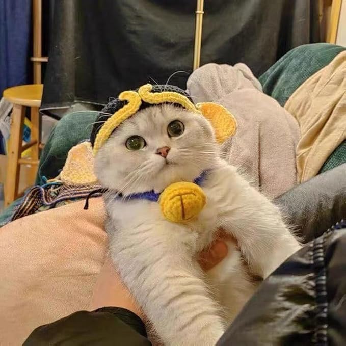 2Pcs 0-2.5kg 2.5kg-5kg Pet Cat Costume Hat with Ear Design, Black and Yellow Knitted Cap with Tassels