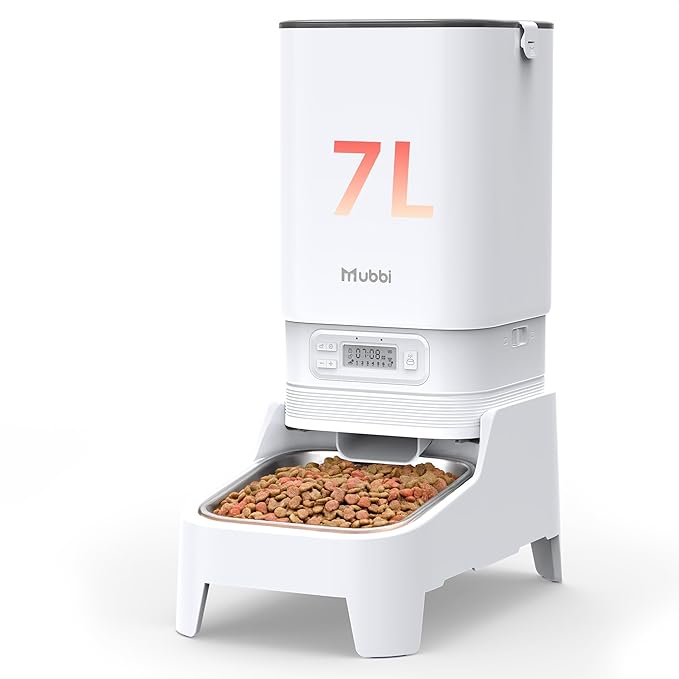 Automatic Cat Feeder with Elevated Stand, 7L/29 Cups Automatic Dog Feeder, Cat Food Dispenser, No-Jam, Up to 6 Meals for 2-15 mm Dry Food, Stainless Steel Bowl, No Spinal Pressure