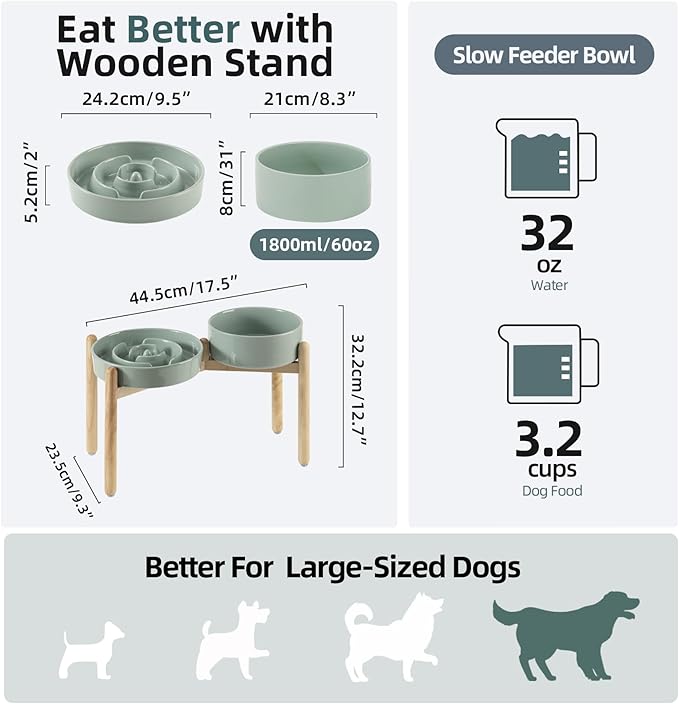Ceramic Raised Slow Feeder Dog Bowl Set, Elevated 8.2inch Bowl and 9.5inch Puzzle Slow Food Dish with Wooden Stand for Large Dog, Anti-Gulping (2X Light Green+ Stand)
