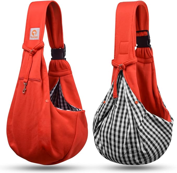 Tomkas Small Dog Sling Carrier - Zipper Pocket & Adjustable Strap - for 3-10 lbs Pets(Red)