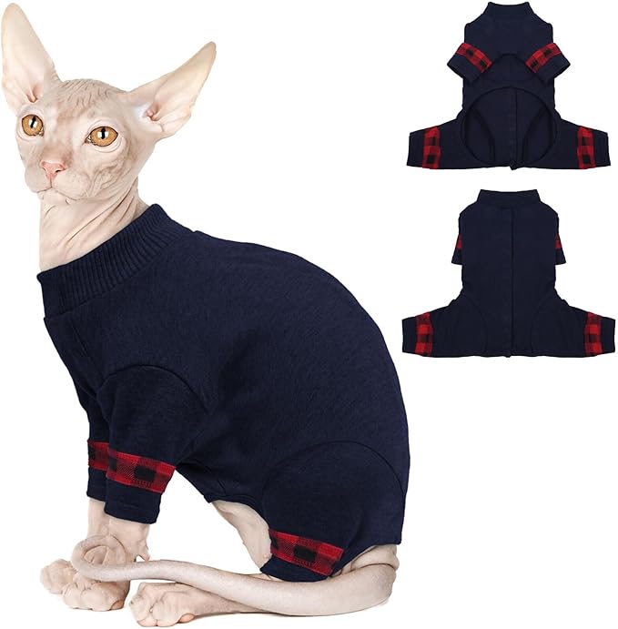 Sphynx Hairless Cats Sweater Shirt Kitten Soft Pullover Cute Cat Pajamas Jumpsuit Cotton Apparel Pet Winter Turtleneck for Cats DarkBlue L