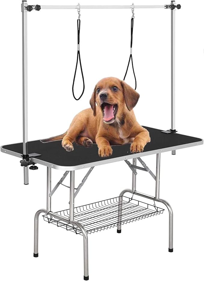 46" Dog Grooming Table Foldable Pet Grooming Tables with Adjustable Arm Noose Storage Mesh Tray Maximum Capacity Up to 330lbs Black