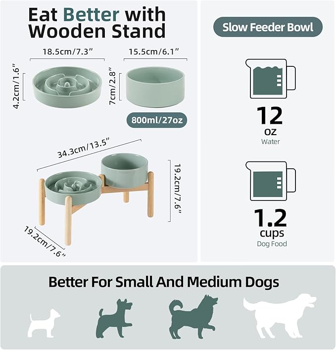Ceramic 1.2 Cup Raised Slow Feeder Dog Bowl Set, Elevated 6.1inch Bowl and 7.3inch Puzzle Slow Food Dish with Wooden Stand for Medium and Small Dog, Anti-Gulping (2 x Light Green+ Stand)