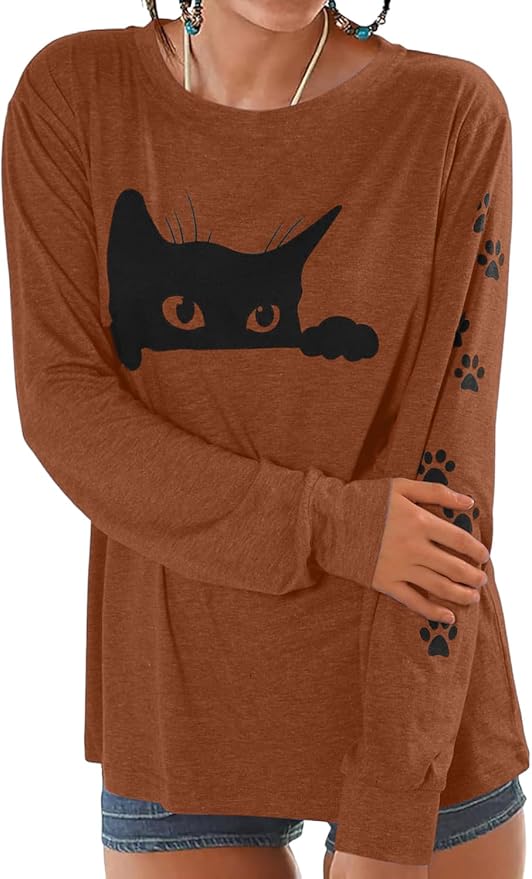 JINTING Cat Shirts for Women - Loose Fit Lightweight Long Sleeve Graphic Tee Fall Printed Crewneck Blouse Casual Tops