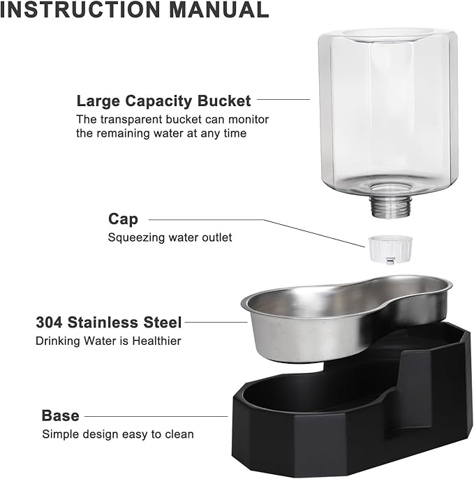 Sfozstra Gravity Water Bowl Dispenser : Automatic 5L Black Cat Stainless Steel Feeder Without Filters - for Dogs with Joint Problems - Suitable in Garage Bedroom