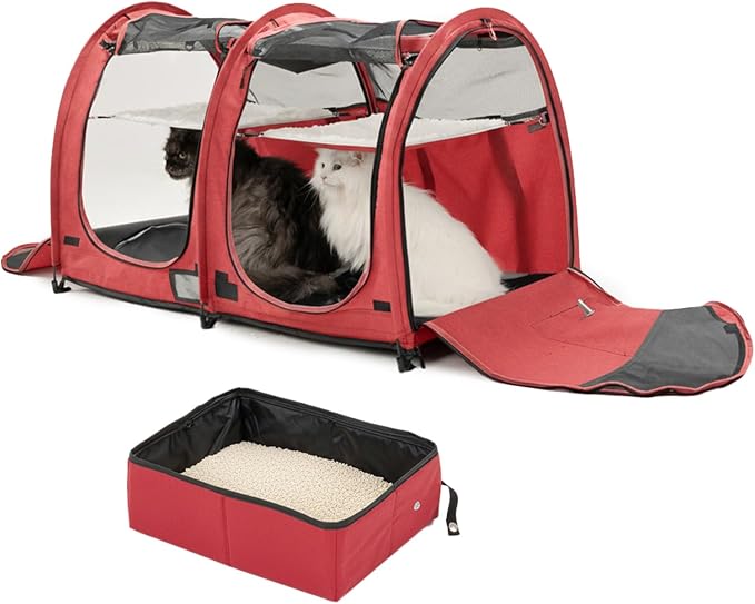 Mispace Portable Twin Compartment Show House Cat Cage/Condo - Easy to Fold & Carry Kennel - Comfy Puppy Home & Dog Travel Crate with Portable Carry Bag/Two Hammocks/Mats and Collapsible Litter Box