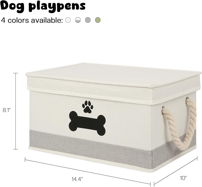 Collapsible Dog Toy Basket with Lid - Storage Bins for Toys, Organizer with Cotton Rope Handles - Beige & Gray