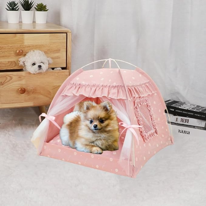 Cat Bed Tents Dog House Indoor Outdoor Lace Mesh Breathable Windows Door Curtains Removable Portable Nest Teepe House (Medium,Pink(Ruffled Teim))