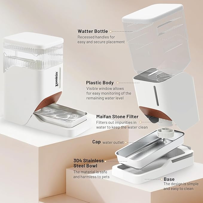 Automatic Dog Water Dispenser 11L with Stainless Steel Bowl, Gravity Extra Large Capacity Water Bowl for Large-Sized Dogs, 3 Gallon Pet Waterer 100% BPA Free, White