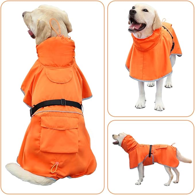 Reflective Dog Raincoat Waterproof Adjustable Dog Hooded Poncho Raincoat for Medium Large Dogs, Lightweight Pet Rain Jacket (Orange, 2XL)