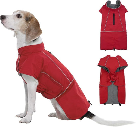 ROZKITCH Dog Winter Coat, Waterproof Raincoat Jacket with Fleece Liner and Leash Hole, Windproof Rain Jacket with Reflective Strip for Medium, Adjustable Poncho Vest for Outdoor Hiking Travel Red L