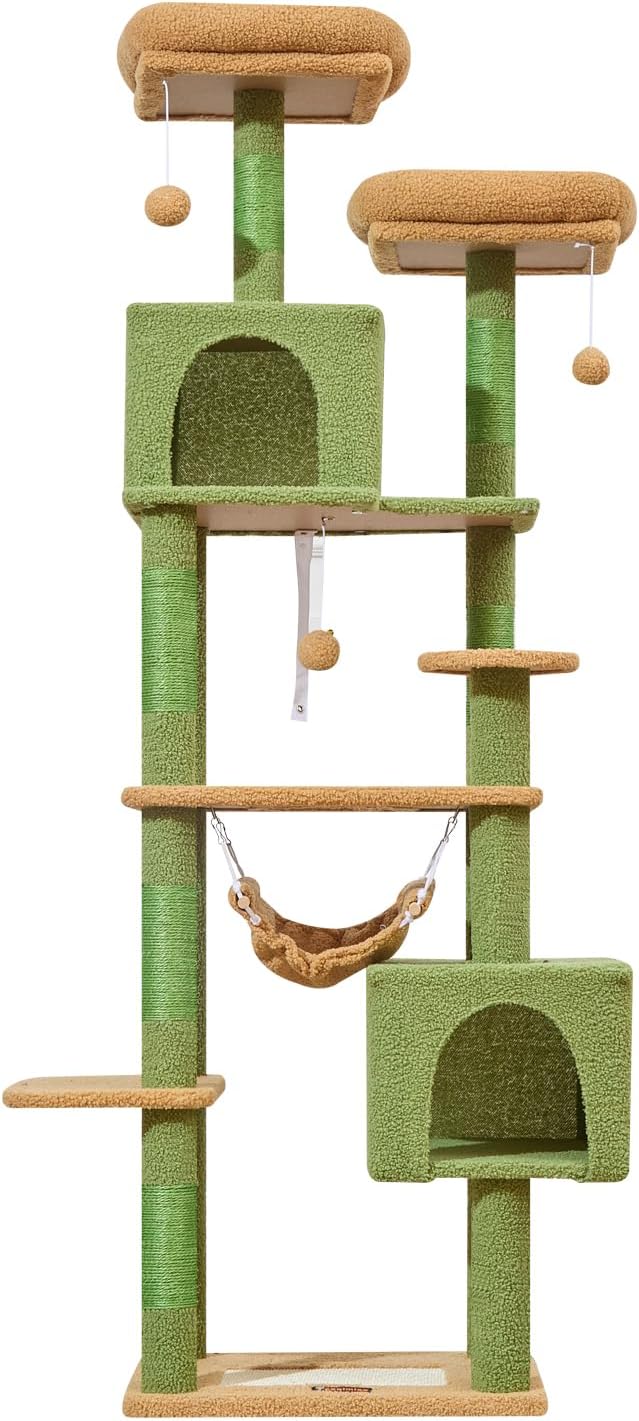 Taoqimiao Cat Tree, 68-Inch Cat Tree Cat Tower for Indoor Cats, Plush Multi-Level Cat Condo with 6 Scratching Posts, 2 Perches, 2 Caves,Hammock, 3 Pompoms,MS020ST Cactus