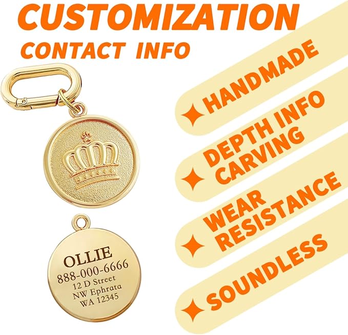 Dogs ID Tags Personalized Double Sided Deep Engraved Cat & Dog Collar Charm Round Shape Frosting Process Silver/Gold Plated (Bone-Cross Gold)