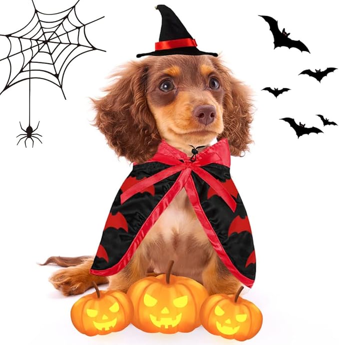 Pet Halloween Costumes Dogs Cats Halloween Vampire Pets Costume Cape with Black Red Witch Hat Wizard Cats Cosplay Clothes Apparel for Small Dogs Cats Halloween Party Decorations