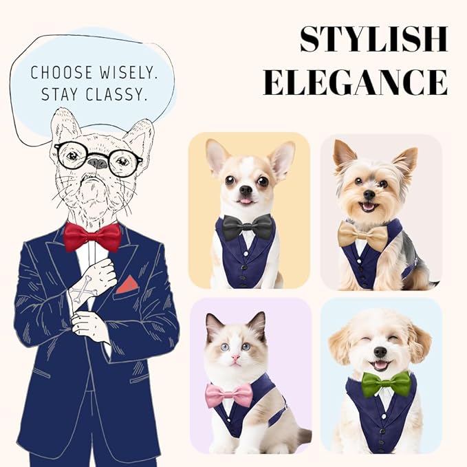 AVERYDAY XS Pet Tuxedo Harness, Wedding Costume Outfit for Small Dogs, Slim Cats and Tiny Pets with 8.3" Neck, 13-14.6" Chest, 8.5" Max Head Girth, Formal Suit Costume for Mini Breeds
