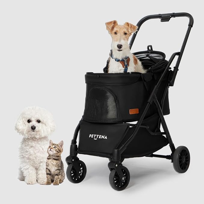 PETTENA Foldable Pet Stroller,4 Wheels Pet Strolling Cart for Small Dogs Cats up to 44 Lbs, Pet Travel Carrier Strolling Cart with Storage Basket, Portable Dog Cat Stroller with Breathable Mesh, Black