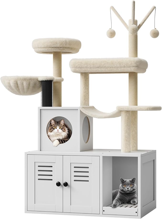 Litter Box Enclosure with Cat Tree Tower and Condo, Hidden Cat Washroom Furniture with Sisal Scratching Post & Soft Plush Perch, Wooden Cat Furniture with Multiple Platforms,White