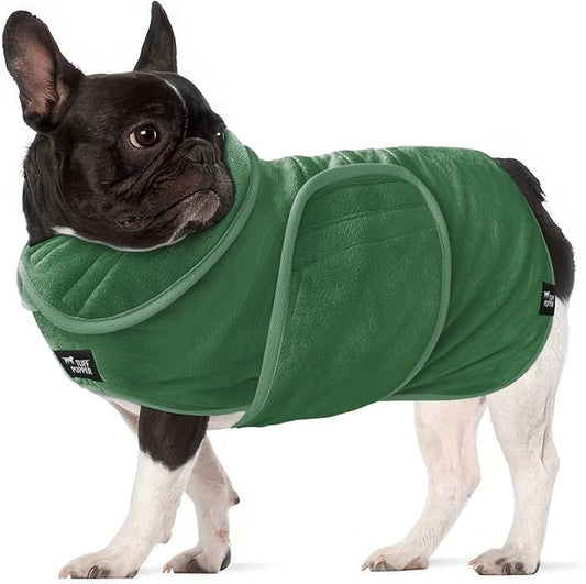 Tuff Pupper Fast Drying Dog Bath Robe | 800 GSM Plush Dog Towel Bathrobe/Dressing Gown | Super Absorbent Pet/Puppy Bathrobe | Adjustable Hood & Belly Strap | Super Soft | Fast Drying (S, Green)