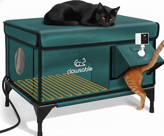 Indestructible Heated Cat House with Pet Camera for Outside Winter, 100% Waterproof, Escape Door, Insulated Outdoor Cat Shelter with Heater for Feral Barn Cat Kitty (Forest Green, 25.5"x16"x18")