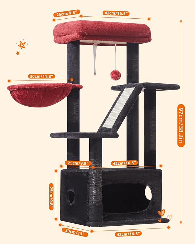 Taoqimiao Gothic Cat Tree,38.5-Inch Cat Tower for Indoor Cats,Suitable for Kittens with Luxurious cat condo with Adjustable Baskets and Luxurious Perch MS029SBR Black and Red