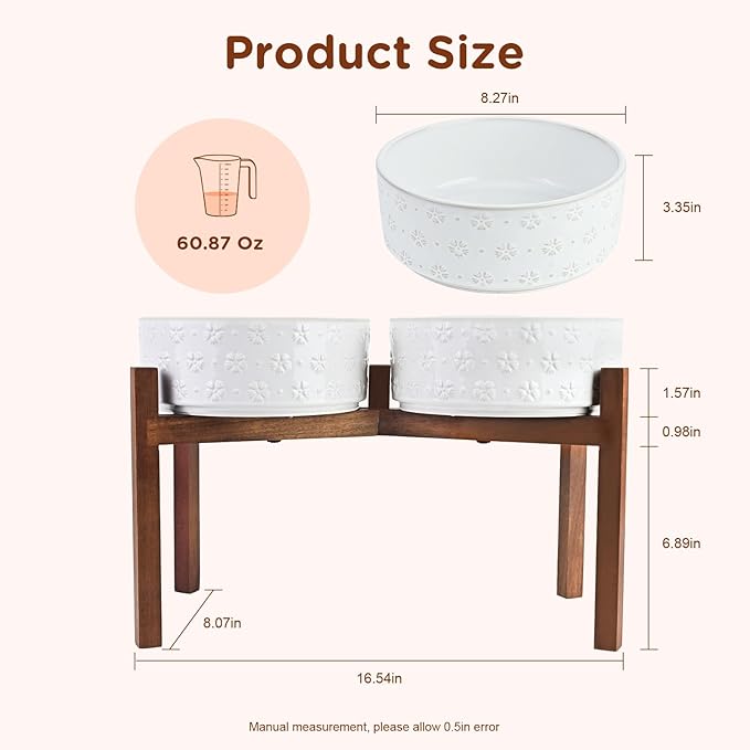 SPUNKYJUNKY Ceramic Dog Bowls with Acacia Wood Stand Raised Food and Water Bowl for Lage Dogs (21cm)