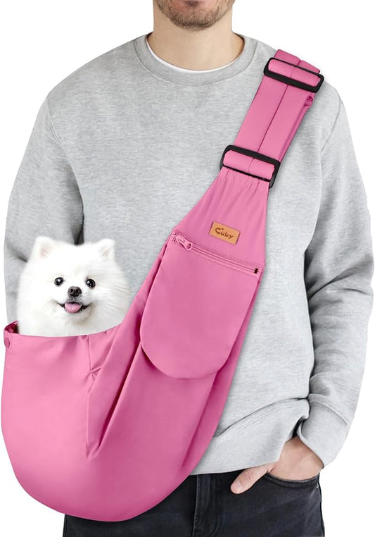 CUBY Dog and Cat Sling Carrier, Hands Free Reversible Pet Papoose Bag, Soft Pouch Adjustable, Suitable for Puppy Cats for Outdoor Travel (Pink Classic, S-Adjustable Strap)