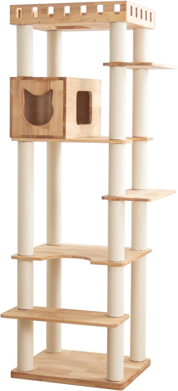74" Wooden Cat Tree Tower for Large Cats, Multi-Level Cat Climbing Furniture with Scratching Posts, Cat Condo & Hammock, Natural Wood Cat Activity Center(White)