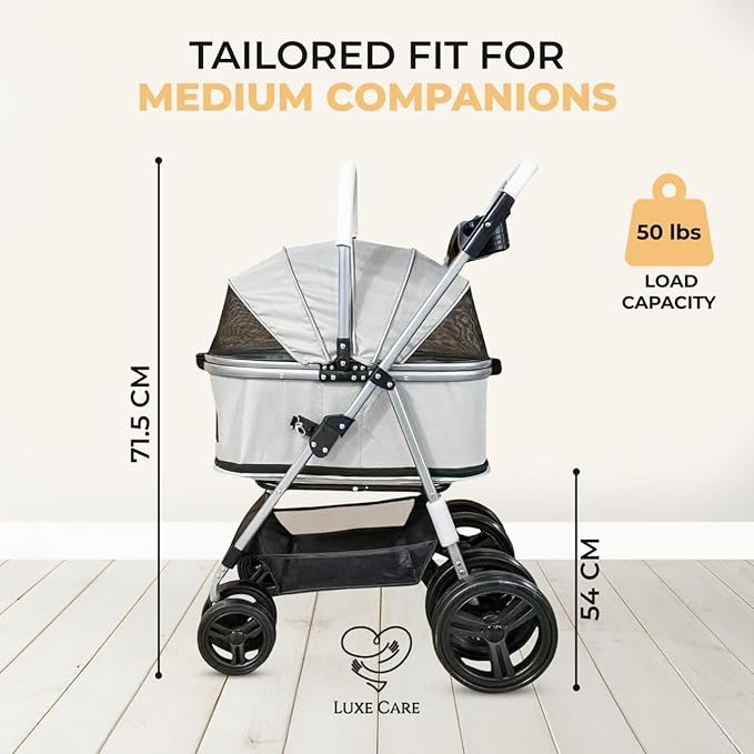4 Wheel Foldable Pet Stroller - Lightweight Dogs and Cats Stroller Upto 50lbs with Mesh Canopy, Storage Basket and Cup Holder, Durable for Walks and Outings (Medium)