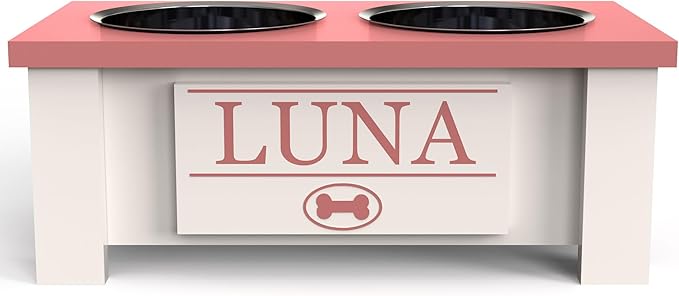 GrooveThis Woodshop - Personalized Elevated Dog Bowl Stand for Large, Medium, Small, X-Small Dogs - Stainless Steel Food and Water Bowls - Raised Dog Dish with Internal Storage (Small, Magenta)