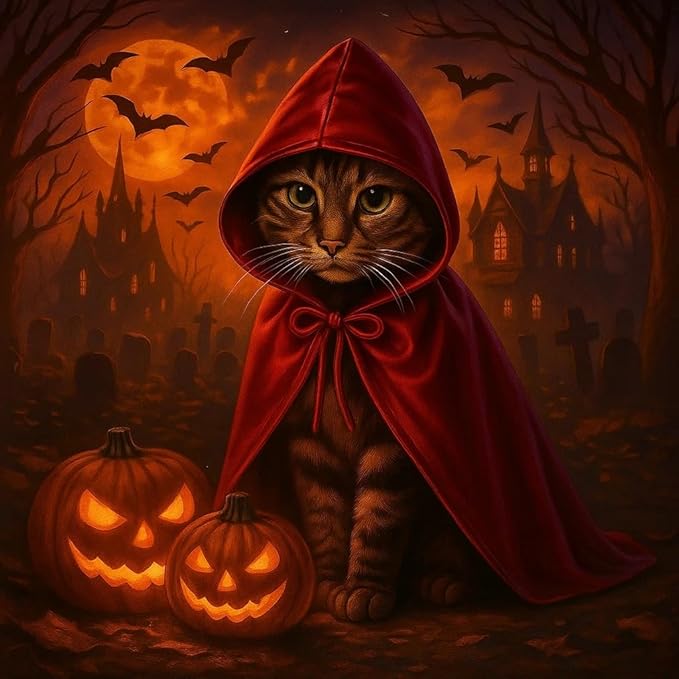 Devil Cat Cloak and Horned Mask Costume for Indoor Cats, Funny Superhero Pet Outfit for Halloween, Cosplay and Party Photoshoots, Red Hooded Cape and Mask Set for Cats – Big/Middle