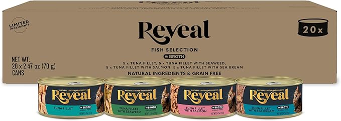 Reveal Natural Wet Canned Cat Food, Limited Ingredient, Grain Free, High Protein with No Artificial Additives, Fish Variety in Broth (20 x 2.47 oz Cans)