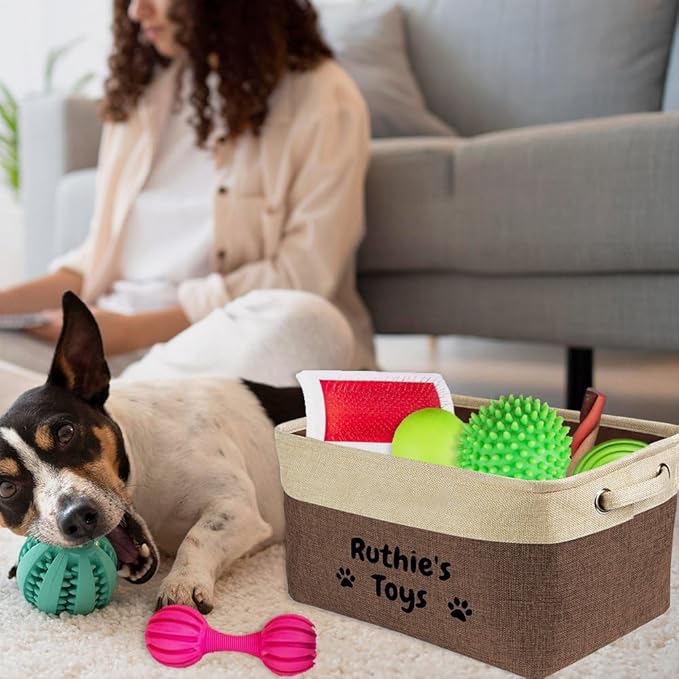 Personalized Dog Toys Storage Basket Custom Dog's Name Sturdy Foldable Collapsible Storage Bin Box with Handles for Organizing Pet Food, Toys, Clothes, 15" x 9.8" x 9"