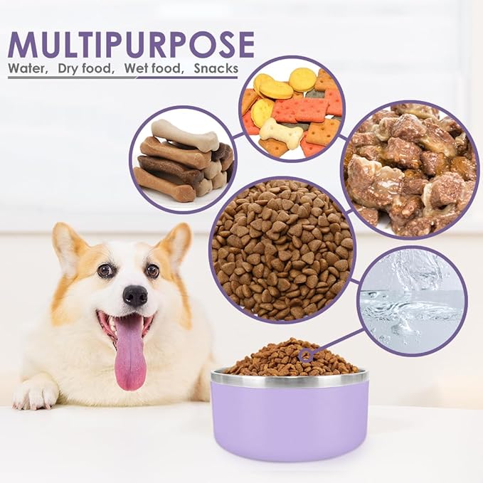 IKITCHEN Dog Bowl for Food and Water, 40 Oz Stainless Steel Pet Feeding Bowl, Durable Non-Skid Insulated Heavy Duty with Rubber Bottom for Medium Large Dogs (40 Ounces/5 Cup, Light Purple)