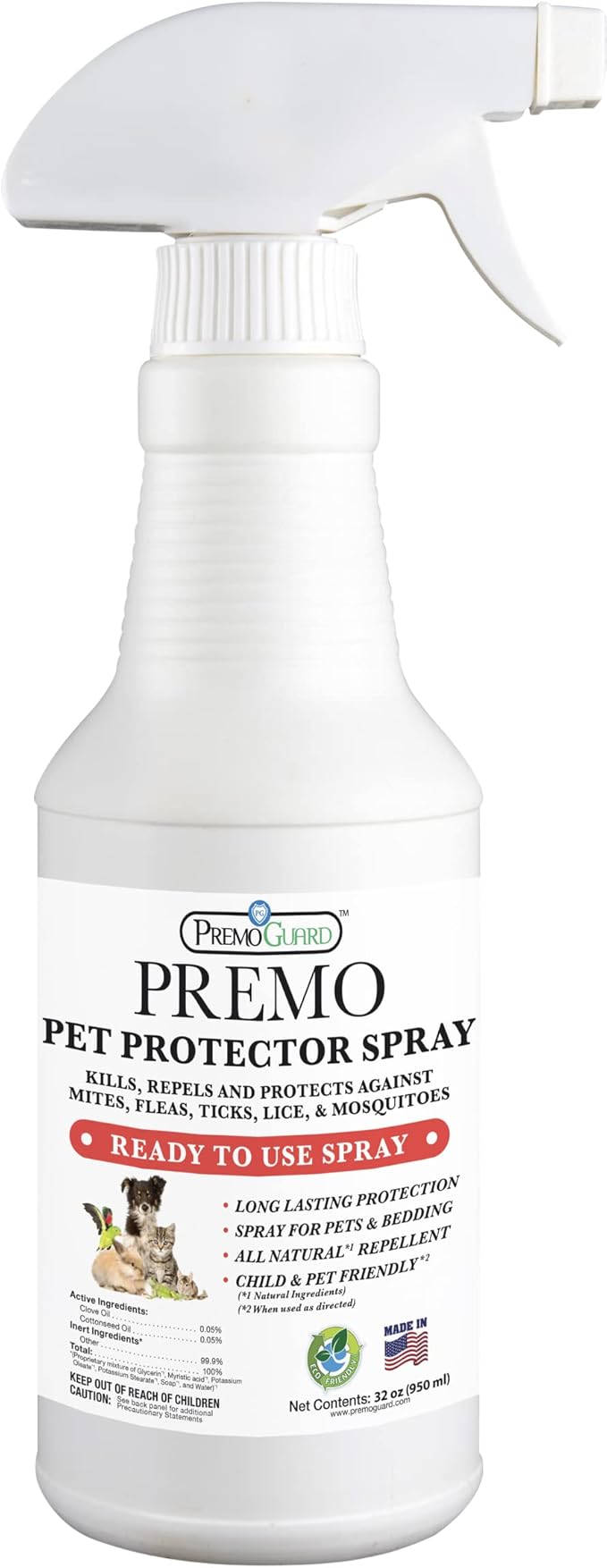 Premo Guard Pet Protector Spray - 32 oz - Kills Mites, Fleas, Ticks, & Mosquitoes - for Dogs, Cats, & Home - Natural Plant Based Oils for Control, Prevention & Treatment - Family Safe