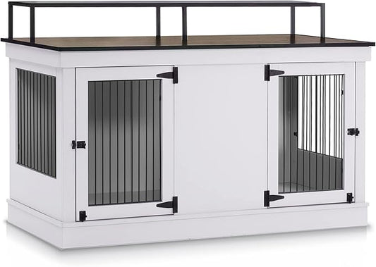 MCombo Large Dog Crate Furniture TV Stand, Wooden Pet Kennel with Double Doors, Indoor Furniture Style Dog House End Table, 1861 (Light Grey)