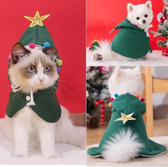 ANIAC Pet Christmas Costume - Puppy Cloak With Star and Pompoms, Cat Santa Cape With Hat, Winter Dog Outfit for Cats and Small Dogs (Large, Green)