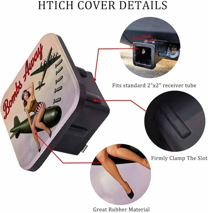 2 Inch Bombs Away Trailer Hitch Cover, Retro Pin-Up Girl Sitting On Bomb Hitch Cover Fit for 2 Inch Hitch Receivers, Rubber Hitch Tube Cover Plug Cap for Trucks Cars SUVs