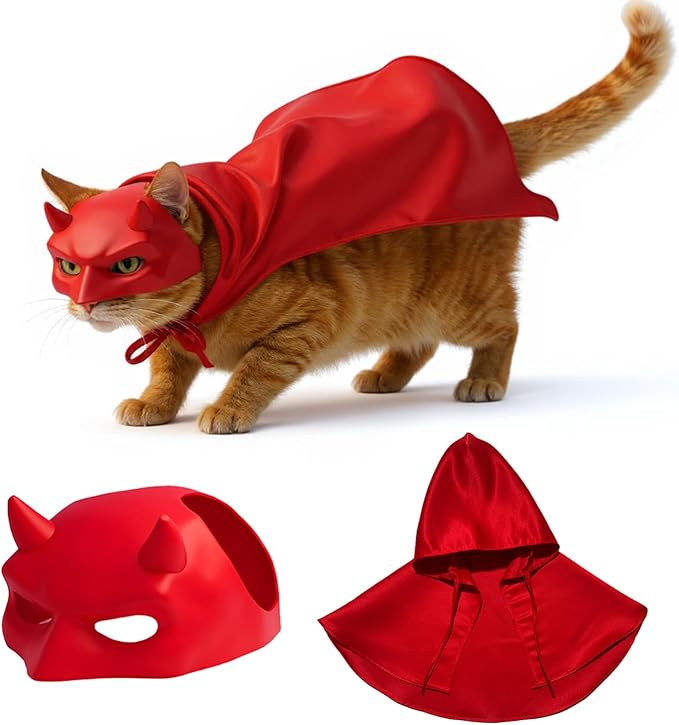 Devil Cat Cloak and Horned Mask Costume for Indoor Cats, Funny Superhero Pet Outfit for Halloween, Cosplay and Party Photoshoots, Red Hooded Cape and Mask Set for Cats – Big/Middle