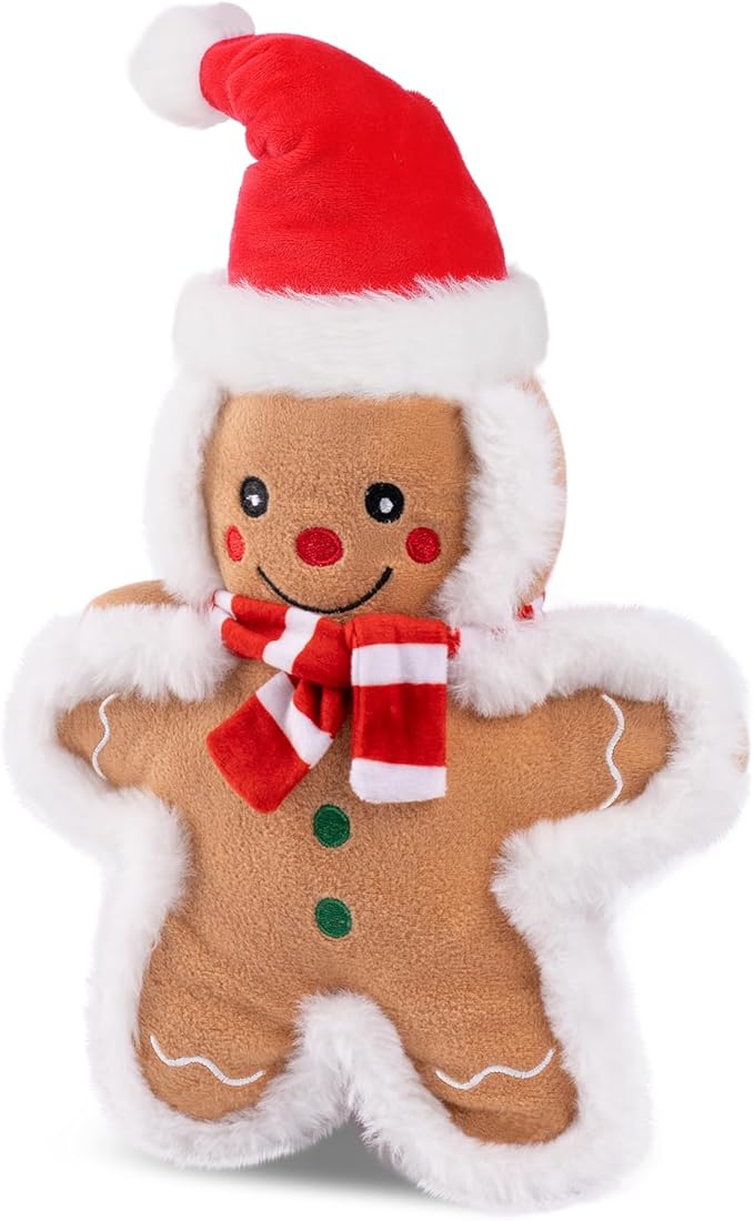 13.4'' Christmas Squeaker Dog Toys Stuffed Gingerbread Man Dog Plush Chew Toys Holiday Stocking for Small, Medium, Large Dogs Breed